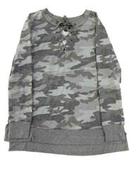 Womens Olive Grey Camo Front Lace-Up Lightweight Sweatshirt Shirt Top