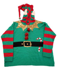 Womens Red Green Elf Sequin Bells Stripes Hoodie Christmas Holiday Sweater XL