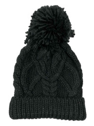 Womens Black & Silver Sparkle Cable Knit Pom Beanie Hat Knit Stocking Cap
