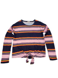 Womens Pink & Navy Blue Stripe Tie Front Long Sleeve T-Shirt Tee Shirt Top