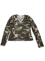 Womens Army Green Camo Print V Neck Long Sleeve T-Shirt Tee Shirt Top