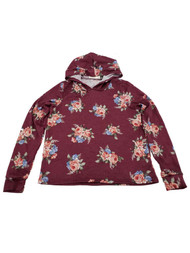 Womens Burgundy Floral Flower Long Sleeve Hoodie Hooded T-Shirt Shirt Top