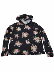 Womens Black Floral Flower Long Sleeve Hoodie Hooded T-Shirt Tee Shirt Top