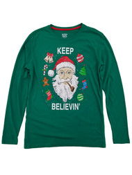 Mens Green Keep Believin Santa Claus Christmas Holiday Long Sleeve Shirt S