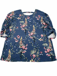 Womens Plus Denim Blue Floral Soft Ruched Sleeve T-Shirt Tee Shirt Top 1X