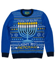 Ugly Christmas Sweater Mens Blue Light My Menorah Hanukkah Crewneck Sweater S