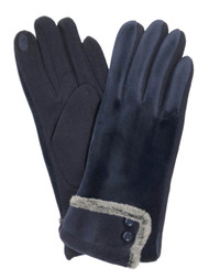 Womens Navy Blue Velvet Button Stretch Fit Text & Tech Touchscreen Gloves