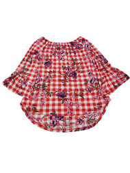 Womens Red Checkered Floral Flared Sleeve Off Shoulder T-Shirt Tee Shirt