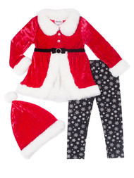 Toddler Girls 3pc Red Velvet Christmas Santa Outfit Snowflake Leggings & Hat
