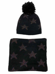 Womens Black & Sparkle Star 2PC Set Scarf Beanie Hat Knit Stocking Cap Pom