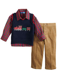 Infant Boys Holiday Navy Train Sweater Vest Plaid Shirt & Corduroy Pant Set 24m