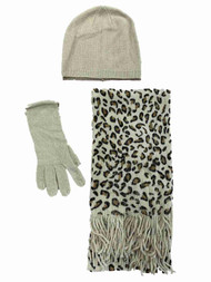Womens Tan Leopard Sparkle 3 PC Set Scarf Glove Beanie Hat Knit Cap Outerwear