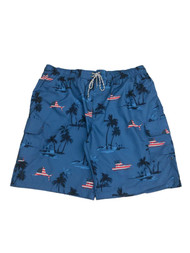 Mens Red White Blue USA Flag Yacht Palm Tree Board Shorts Swim Trunks