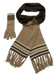 Womens Chocolate Brown & Tan Stripes 2PC Set Scarf & Gloves