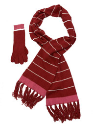 Womens Red & Pink Stripe 2PC Set Scarf & Gloves