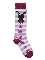 Girls Striped Pink Reindeer & Snowflake Christmas Holiday Knee Socks