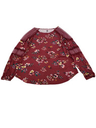 Womens Burgundy Floral and Lace Long Sleeve Dressy Soft Shirt Top Blouse M