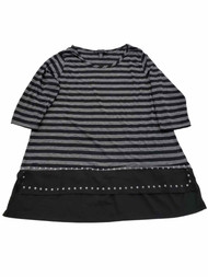 Womens Black and Grey Striped Studded Hem Dressy Shirt Top Blouse L