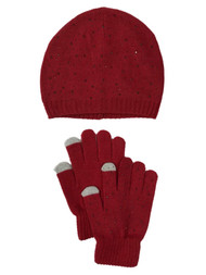 Womens Red & Silver Sparkle Rhinestone Beanie Hat & Touchscreen Gloves Set