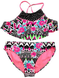 Girls Black & White Polka Dots Pink Floral 2Pc Bikini Swimming Swim Suit