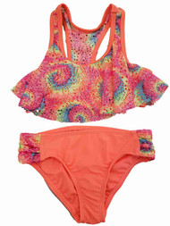 Girls Shimmery Rainbow Pink Purple Blue Orange Ruffle 2Pc Swimming Swim Suit