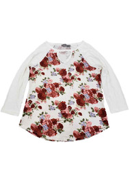 Womens White Floral Red Burgundy Pink Green 3/4 Sleeve Shirt Top Blouse M