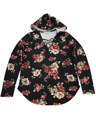 Womens Black Floral Red Burgundy V Neck Long Sleeve Hoodie Shirt Top Sweater S