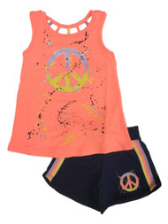 Girls Neon Orange & Navy Paint Splatter Peace Tank Top & Shorts Set XS (4-5)