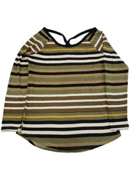 Womens Olive Green Black Stripes Long Sleeve Shirt Top Lightweight Sweater