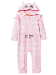 Infant Girls Pink Polka Dot Owl Always Love You Hooded Romper Jumpsuit