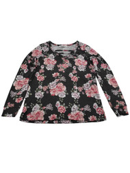 Womens Charcoal Grey and Pink Floral V Neck Long Sleeve Shirt Top Sweater
