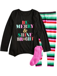 Girls Black Glitter Be Merry Shine Bright Pajamas Holiday Sleep Set XS 5/6
