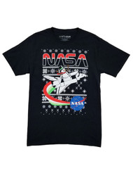NASA Mens Black Snowman Space Shuttle Rocket Ship Fair Isle Christmas T-Shirt