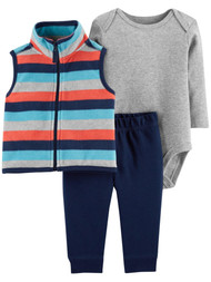 Carters Infant Boys 3pc Blue Striped Fleece Vest Bodysuit & Pants Set