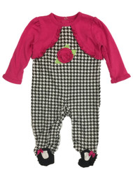Infant Girls Black White & Pink Houndstooth Rose Sleeper Footie Pajamas 3-6m