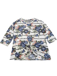 Womens White & Blue Rose Flower Stripe Print Ribbed Stretch Shirt Top Blouse