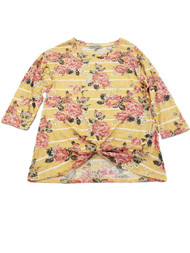 Womens Yellow & Red Rose Flower Stripe Print Ribbed Stretch Shirt Top Blouse