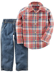 Carters Infant Boys Red Plaid Fox Button Up Shirt & Jean Pants Outfit Set 3m