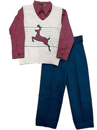 TFW Toddler Boys Suit Ivory Sweater Vest Plaid Shirt & Blue Pants Set Outfit