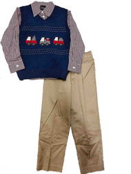 TFW Toddler Boys Suit Blue Sweater Vest Plaid Shirt & Khaki Pants Set Outfit