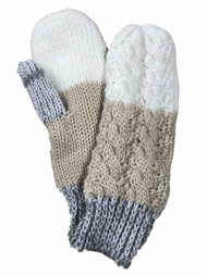 Womens Tan & Gray Cable Knit Mittens Fleece Lined