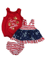 Infant Girls 3 Piece Patriotic Born To Sparkle Romper & Dress With Panty