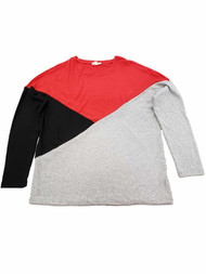 Womens Red Black Grey Colorblock Long Sleeve Lightweight Sweater Shirt Top