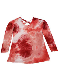 Womens White Light Red Dark Red Tie Dye Long Sleeve Soft V Neck Tee Shirt Top