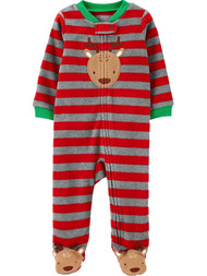 Infant Boys Red & Gray Striped Reindeer Christmas Footie Sleeper Pajamas