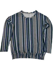 Womens Green and Navy Blue Striped Elastic Hem Long Sleeve Shirt T-Shirt Top