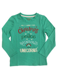 Girls Green Peace Rainbows & Unicorns Long Sleeve Christmas Holiday Shirt