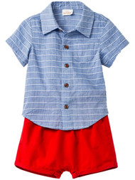 Infant Boys Blue Plaid Button T-Shirt Tee Shirt Red Shorts Outfit Set