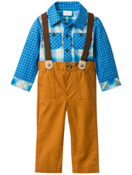 Infant & Toddler Boys Blue Plaid Button Bodysuit Twill Suspender Pants Outfit