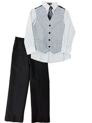 Boys 4 Piece Suit White Polka Dot Shirt Black Pants Gray Vest & Tie Set 6